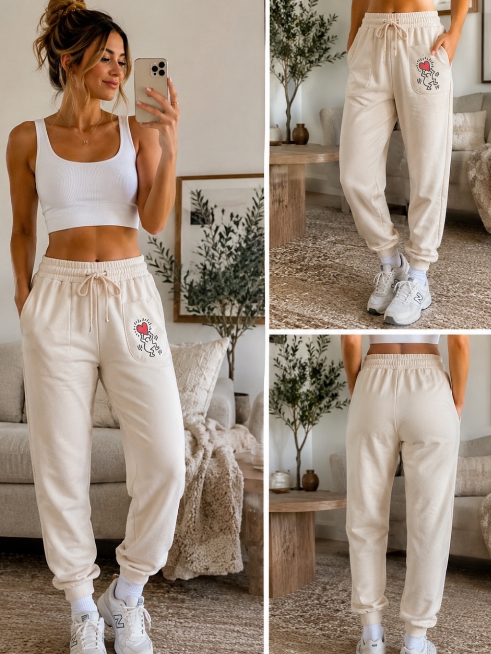 Neutral Cream Graphic Keith Haring Jogger Pants with Drawstring Waist